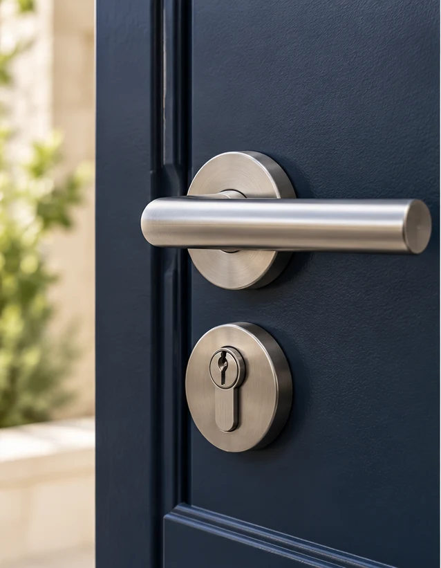 Poignée et cylindre sur une porte bleu nuit